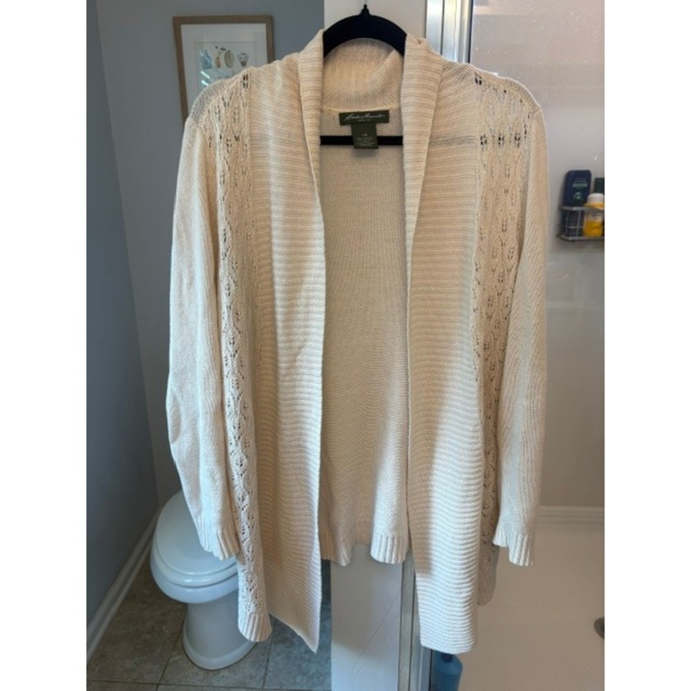 Eddie Bauer Linen Cotton Open Front Cardigan Sweater Large Pointelle Lightweight